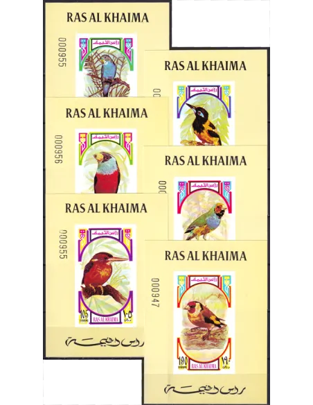 RAS AL KHAIMA, n° 593 à 598 sur 6 feuillets, fond jaune, timbres Monde