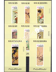 RAS AL KHAIMA, n° 426 à 433 sur 8 feuillets, fond vert, timbres Monde