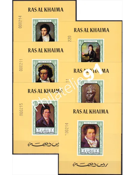 RAS AL KHAIMA, n° 635 à 640 sur 6 feuillets, fond jaune, timbres Monde