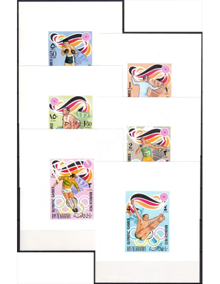 RAS AL KHAIMA, n° 649 à 654 sur 6 feuillets, fond blanc, timbres Monde