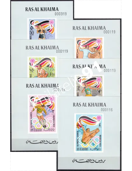 RAS AL KHAIMA, n° 649 à 654 sur 6 feuillets, fond bleu, timbres Monde