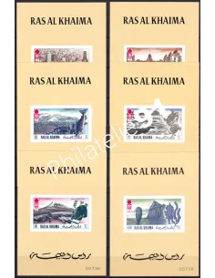RAS AL KHAIMA, n° 600 à 605 sur 6 feuillets, fond jaune, timbres Monde
