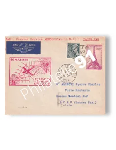 France, enveloppe 1er vol de nuit "Paris-Pau", lettres France