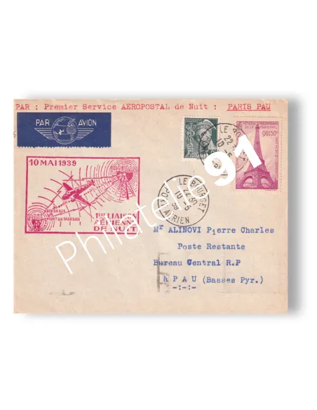 France, enveloppe 1er vol de nuit "Paris-Pau", lettres France
