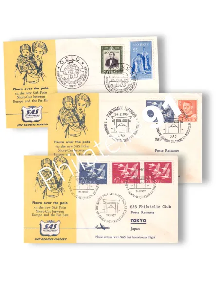 Lot de 3 enveloppes 1er vol pour le Japon, via le Pôle-Nord, lettres Europe