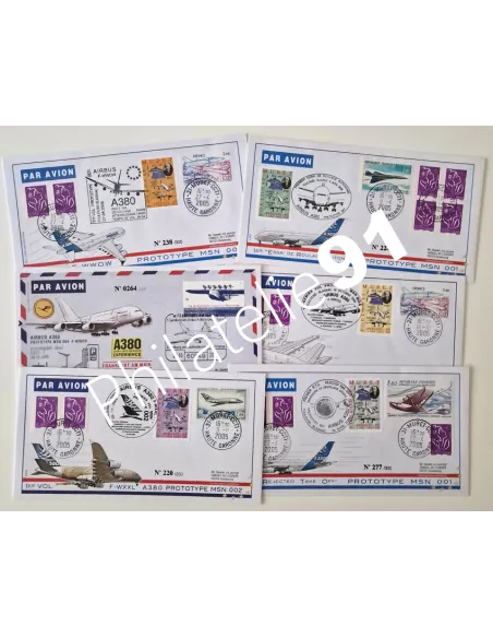 Lot de 6 enveloppes numérotées oblitérées, Airbus, lettres Europe