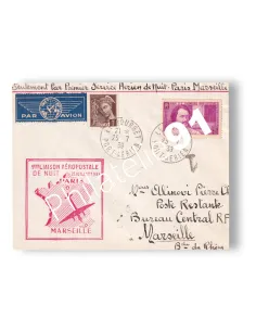 Enveloppe 1er vol postal de nuit Paris-Marseille, lettres France
