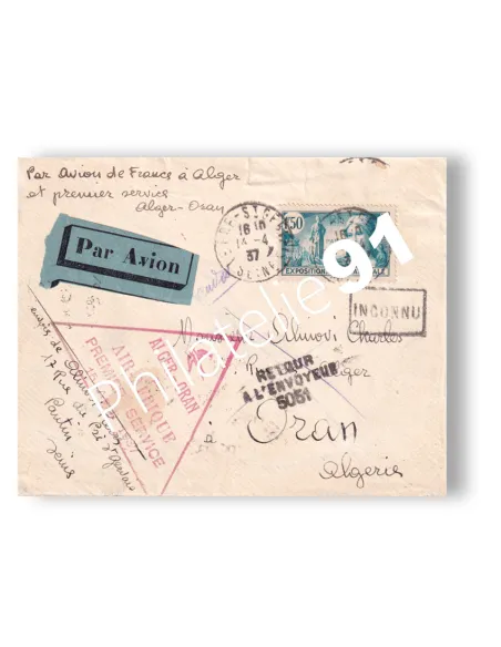 France, enveloppe 1er vol postal "Alger-Oran", lettres France