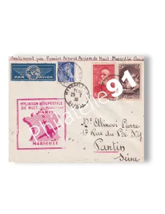 Enveloppe 1er vol postal de nuit Marseille-Paris, lettres France