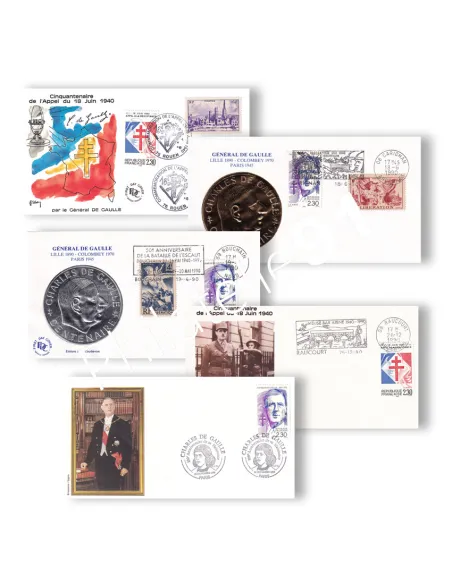 Lot de 5 enveloppes 1er Jour, De Gaulle, lettres France