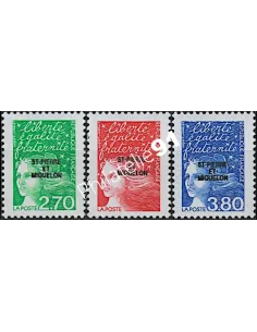 Timbres de Saint Pierre et Miquelon n° 650 à 652, Marianne surchargées