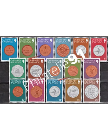 Timbres de GUERNESEY n° 168 à 183 . Pièces de monnaie de 1830 à 1977