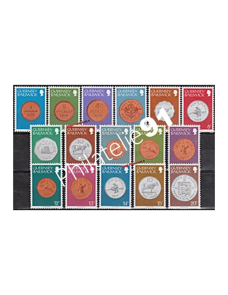 Timbres de GUERNESEY n° 168 à 183 . Pièces de monnaie de 1830 à 1977
